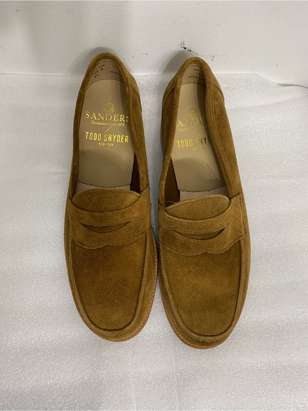 Todd Snyder x Sanders Edwin Men’s Suede Penny Loafers in Cognac Brown. Size US 9